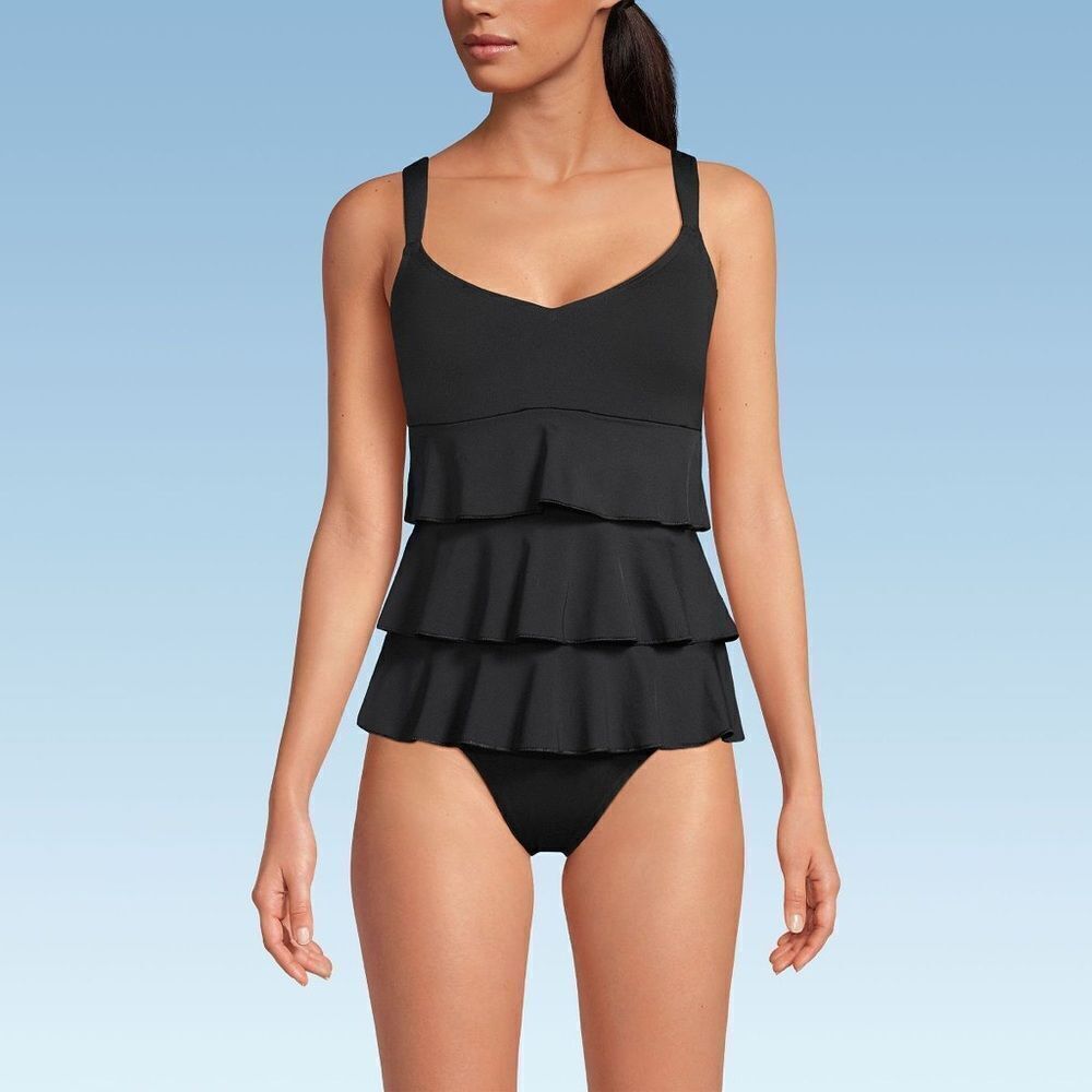 Land's End One Piece smoothing Control Fauxkini One Piece Swimsuit Black Various - Picture 8 of 10